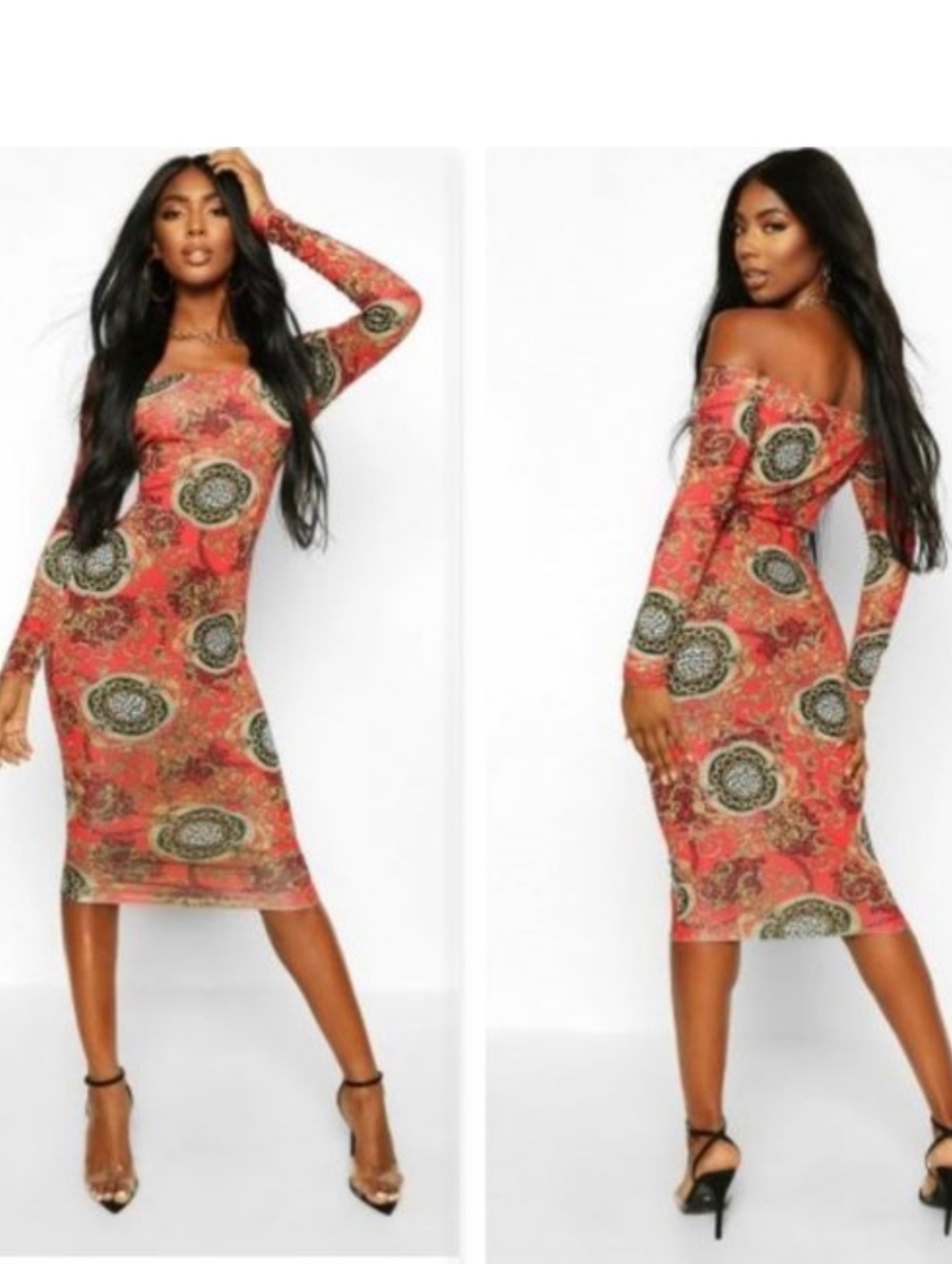 Off-Shoulder Red Paisley Midi Dress